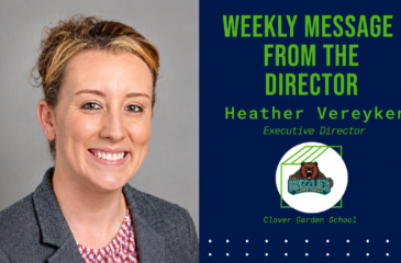 Professional graphic featuring a headshot of Heather Vereyken beside the title “Weekly Message from the Director” with Clover Garden School branding and Grizzlies logo on a navy blue background.