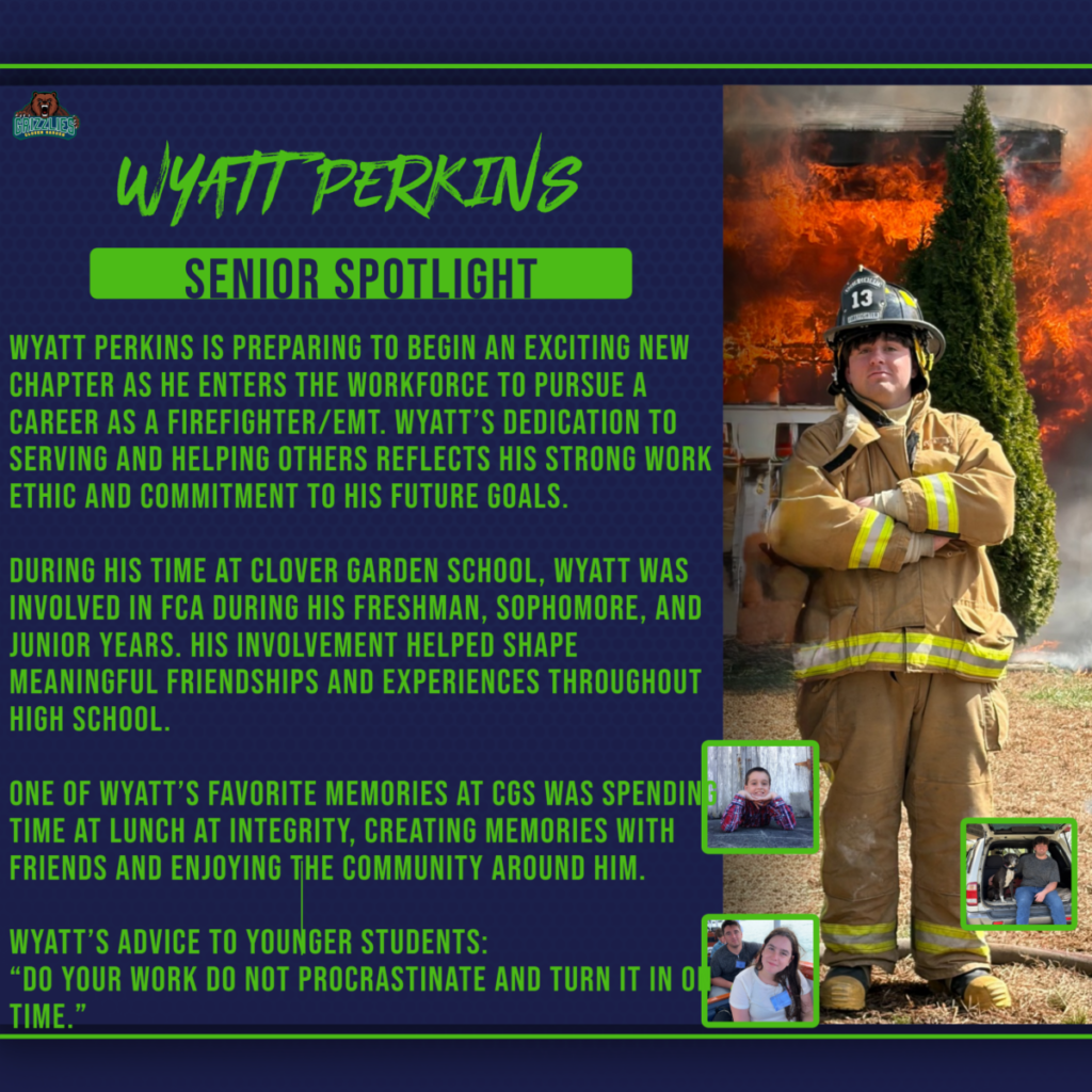 Senior Spotlight graphic for Wyatt Perkins featuring photos of Wyatt in firefighter gear with flames in the background, along with smaller personal photos and text about his future career as a Firefighter/EMT.