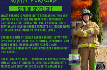 Senior Spotlight graphic for Wyatt Perkins featuring photos of Wyatt in firefighter gear with flames in the background, along with smaller personal photos and text about his future career as a Firefighter/EMT.