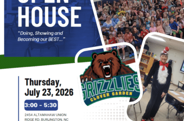 Flyer for Clover Garden School's K–8 Campus Open House on Thursday, July 23, 2026, from 3:00–5:30 p.m., featuring student photos, a teacher in costume, and event details inviting families to meet teachers and visit classrooms.