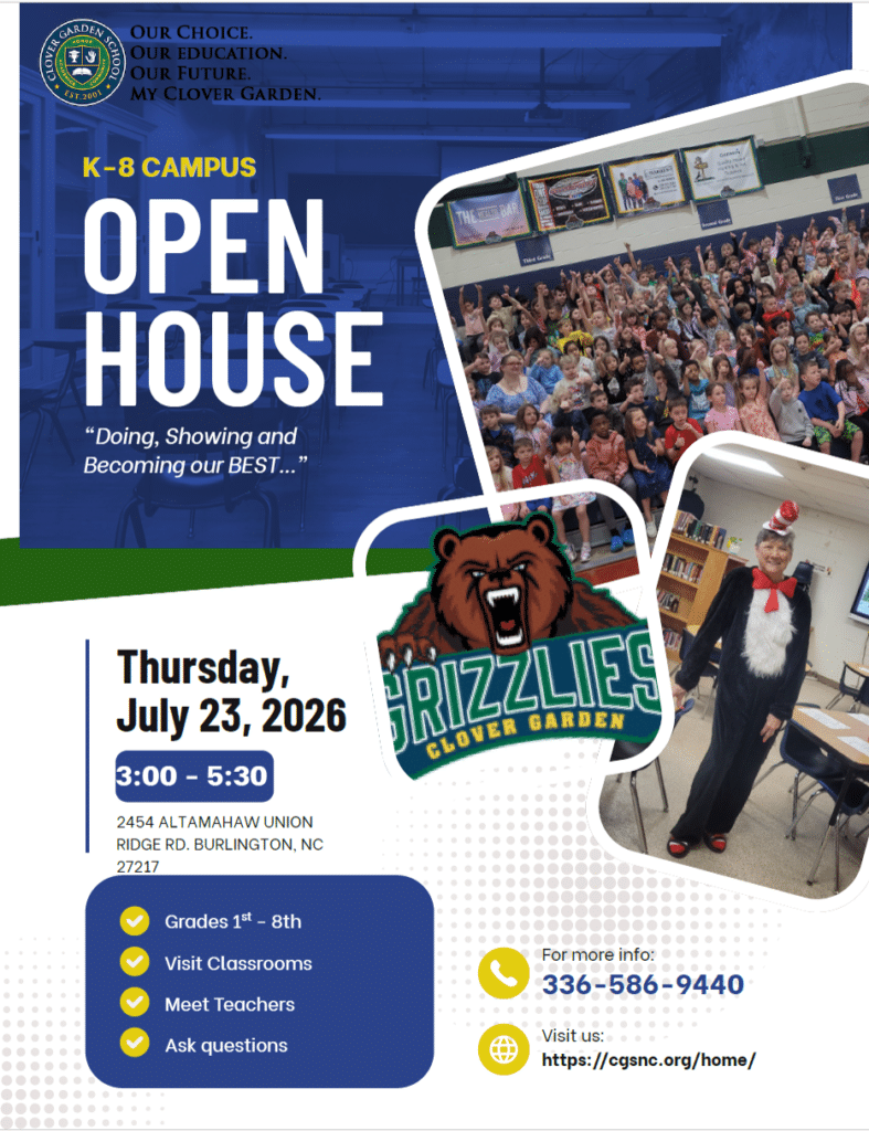 Flyer for Clover Garden School's K–8 Campus Open House on Thursday, July 23, 2026, from 3:00–5:30 p.m., featuring student photos, a teacher in costume, and event details inviting families to meet teachers and visit classrooms.