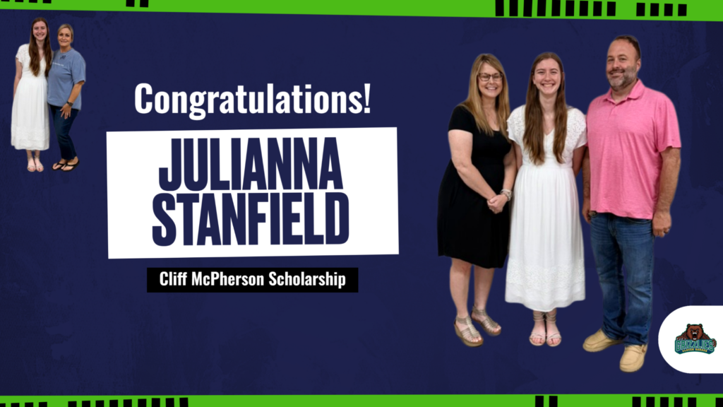 Graphic congratulating CGS Valedictorian Julianna Stanfield on receiving the Cliff McPherson Scholarship, featuring photos with her family and a Civitan representative.