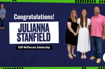 Graphic congratulating CGS Valedictorian Julianna Stanfield on receiving the Cliff McPherson Scholarship, featuring photos with her family and a Civitan representative.