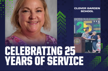 Lisa Wilson is recognized for 25 years of service to Clover Garden School, featuring her portrait and an award presentation photo.