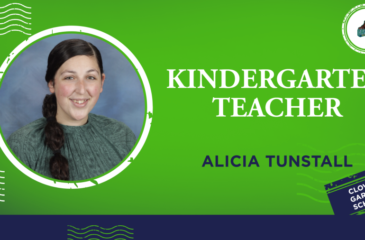 Clover Garden School staff graphic featuring Alicia Tunstall, kindergarten teacher, with her portrait on a bright green background and the CGS Grizzlies logo.