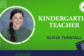 Clover Garden School staff graphic featuring Alicia Tunstall, kindergarten teacher, with her portrait on a bright green background and the CGS Grizzlies logo.