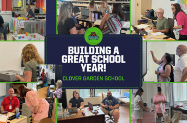 Collage of Clover Garden School teachers and staff collaborating, attending meetings, preparing classrooms, and organizing materials for students’ return. Center text reads, “Building a Great School Year! Clover Garden School,” with the Grizzlies logo.