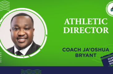 Clover Garden School staff graphic featuring Coach Ja’Oshua Bryant, athletic director, with his portrait on a bright green background and the CGS Grizzlies logo.