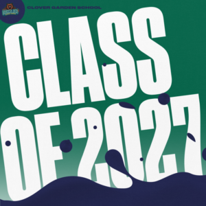 Graphic featuring the Clover Garden School Grizzlies logo and bold white text reading “Class of 2027” on a green background with navy blue decorative shapes.