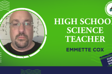 Clover Garden School staff graphic featuring Emmette Cox, high school science teacher, with his portrait on a bright green background and the CGS Grizzlies logo.