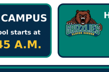 Clover Garden School campus start times: The K–8 campus begins at 7:45 a.m., and the high school campus begins at 8:00 a.m.