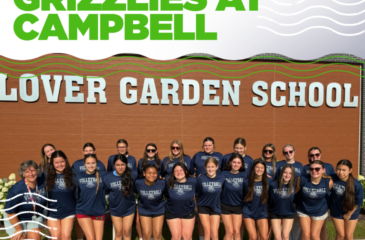 Clover Garden School high school volleyball players and Coach Dollyhigh pose together after attending volleyball camp at Campbell University during summer 2026. The graphic reads “Grizzlies at Campbell” and “High School Volleyball.”