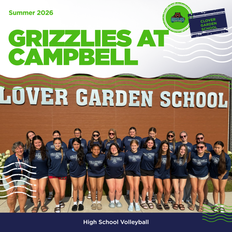 Clover Garden School high school volleyball players and Coach Dollyhigh pose together after attending volleyball camp at Campbell University during summer 2026. The graphic reads “Grizzlies at Campbell” and “High School Volleyball.”