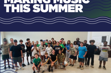 Clover Garden School’s Grizzly Marching Band members pose together during summer band camp. The graphic reads “Making Music This Summer,” “Summer 2026,” and “Grizzly Marching Band.”