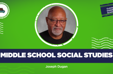 Green and navy Clover Garden School welcome graphic featuring Joseph Dugan, Middle School Social Studies teacher, with his portrait centered alongside the CGS Grizzlies logo.