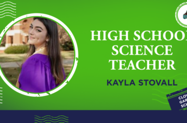 Clover Garden School staff graphic featuring Kayla Stovall, high school science teacher, with her portrait on a bright green background and the CGS Grizzlies logo.