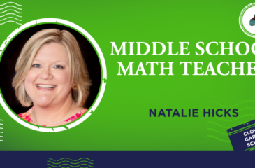 Clover Garden School staff graphic featuring Natalie Hicks, middle school math teacher, with her portrait on a bright green background and the CGS Grizzlies logo.