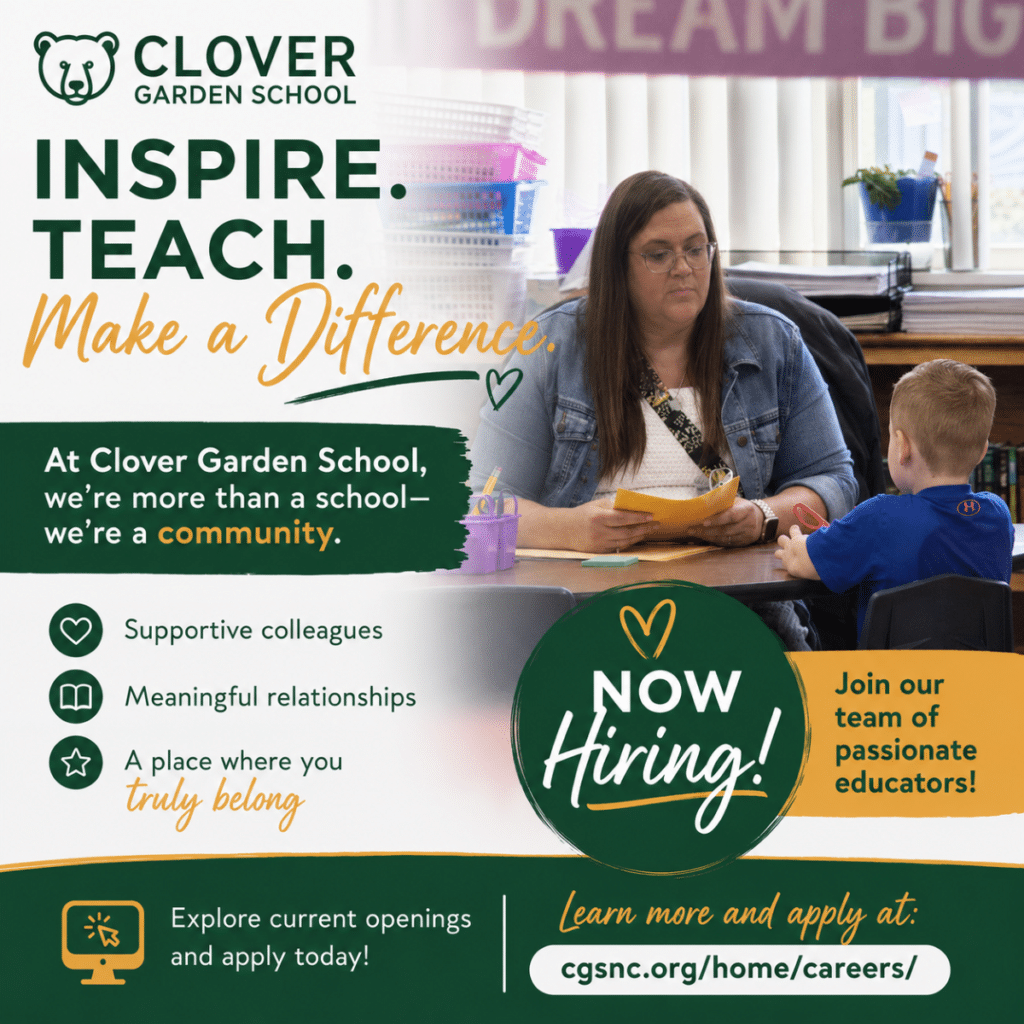 Promotional graphic for Clover Garden School featuring a teacher working one-on-one with a young student in a classroom. The graphic includes the phrases "Inspire. Teach. Make a Difference." and "Now Hiring!" with a call to apply for teaching positions at Clover Garden School.