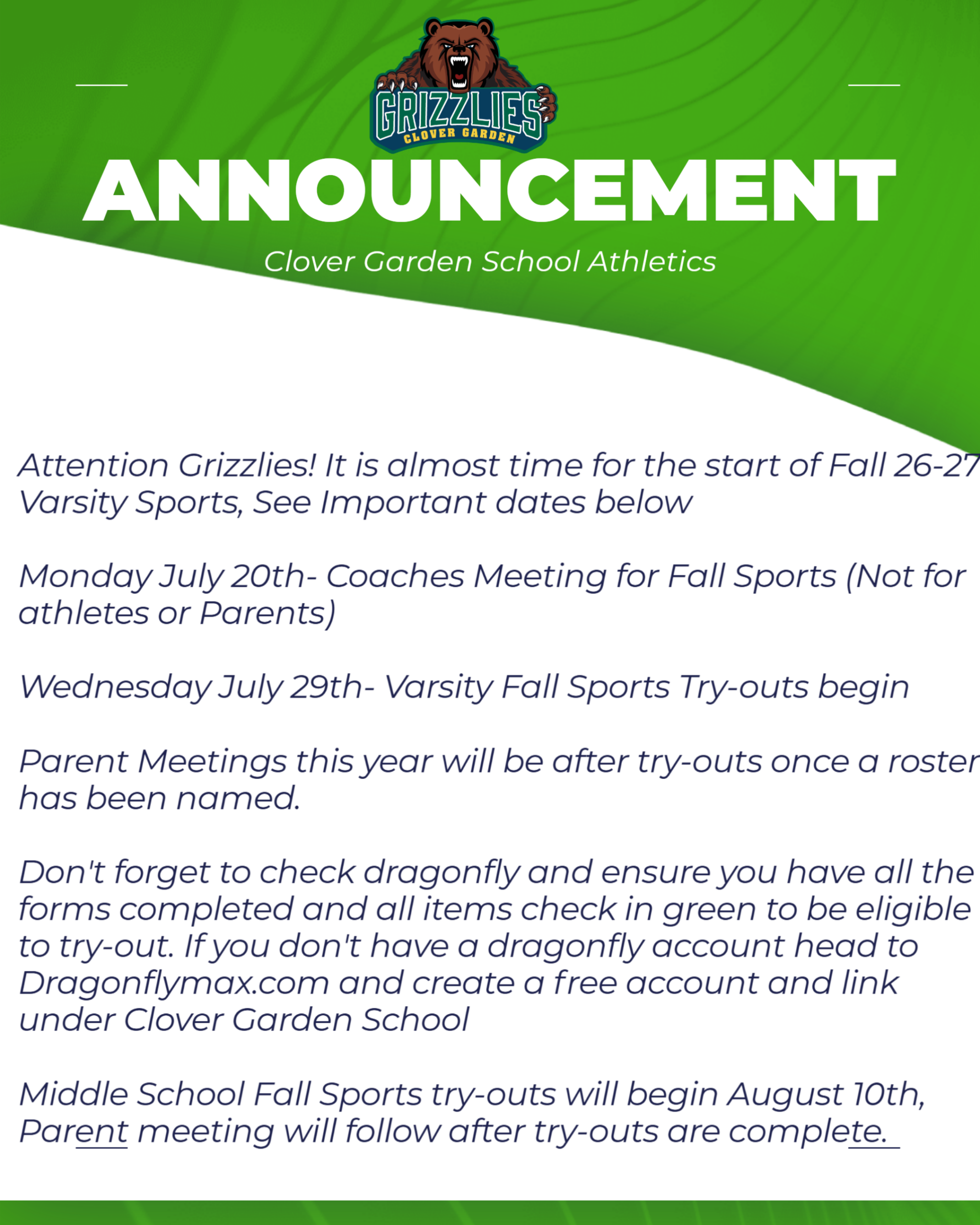 Clover Garden School Athletics announcement listing Fall 2026–27 sports dates: coaches’ meeting July 20, varsity tryouts July 29, and middle school tryouts August 10. Athletes must complete all DragonFly requirements before trying out; parent meetings will follow tryouts.