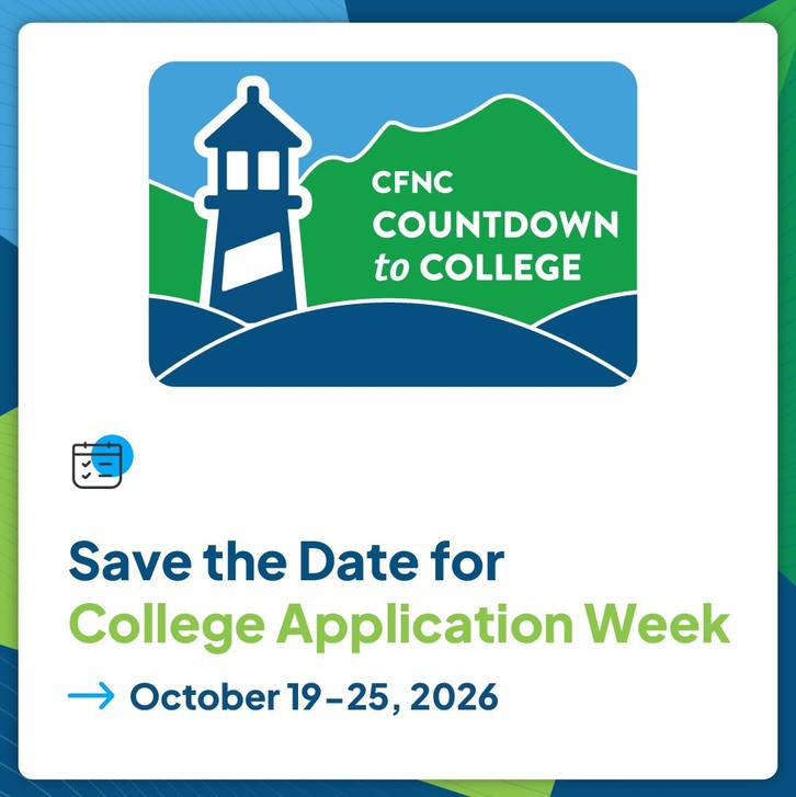 Graphic featuring the CFNC Countdown to College logo and the text: “Save the Date for College Application Week — October 19–25, 2026.”