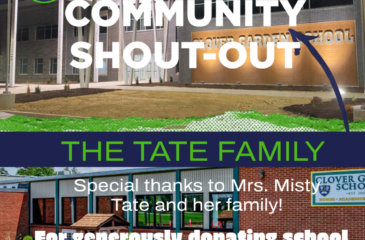 Community shout-out graphic featuring Clover Garden School’s high school and K–8 campuses. The graphic thanks the Tate Family, with special recognition for Mrs. Misty Tate and her family, for generously donating school supplies and sponsoring lunch for some Clover Garden Grizzlies.