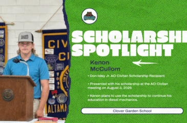 Kenon McCullom is recognized as the recipient of the Don Isley Jr. AO Civitan Scholarship. The graphic features Kenon at the AO Civitan meeting and with scholarship presenters. He plans to continue his education in diesel mechanics.