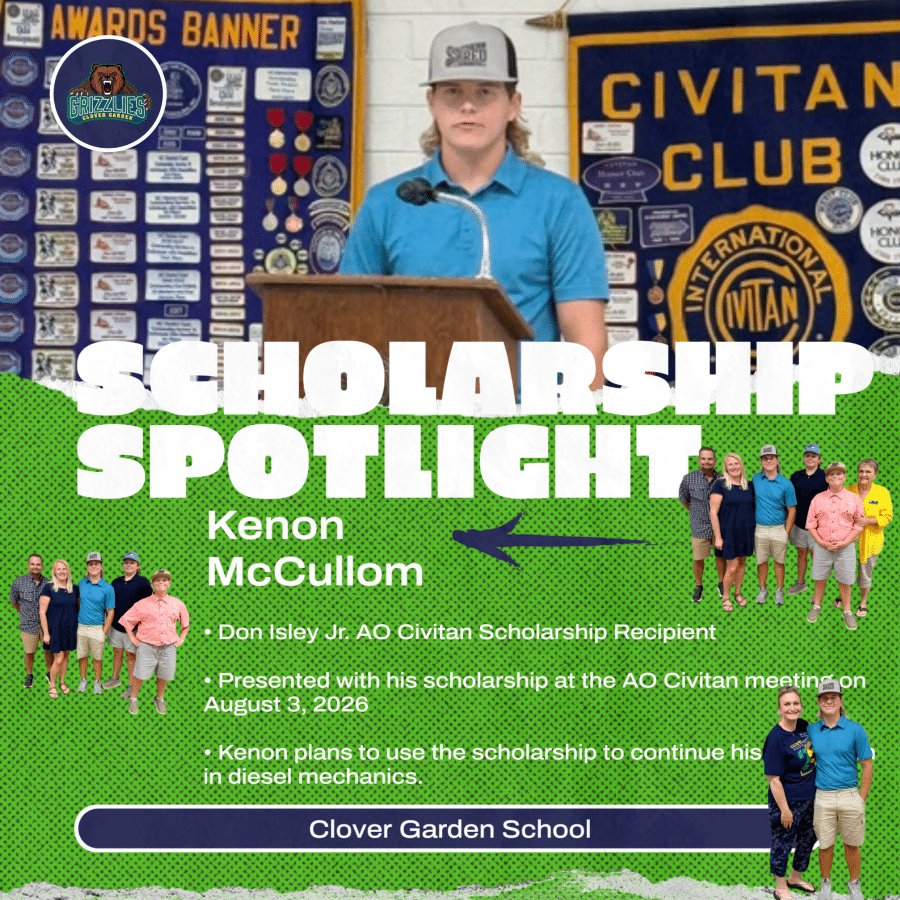 Kenon McCullom is recognized as the recipient of the Don Isley Jr. AO Civitan Scholarship. The graphic features Kenon at the AO Civitan meeting and with scholarship presenters. He plans to continue his education in diesel mechanics.