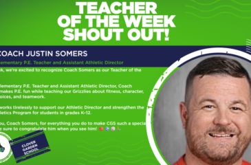 Teacher of the Week graphic recognizing Coach Justin Somers, Clover Garden School’s Elementary P.E. Teacher and Assistant Athletic Director. Coach Somers is celebrated for making P.E. fun, teaching fitness, character, good choices, and teamwork, and supporting the CGS Athletics Program for students in grades K–12.