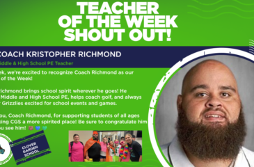 Teacher of the Week graphic honoring Coach Kristopher Richmond, Middle and High School PE teacher, for supporting students and showing Grizzly spirit.