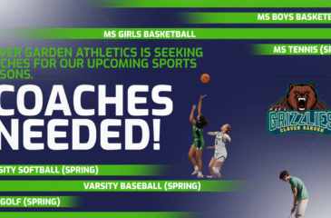 Clover Garden Athletics is seeking coaches for middle school boys and girls basketball, middle school tennis, middle school golf, varsity softball, and varsity baseball. The flyer features basketball and golf players with the Clover Garden Grizzlies logo.