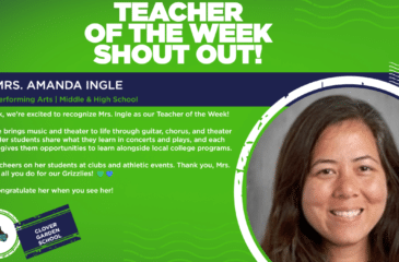 Green and navy Clover Garden School Teacher of the Week graphic featuring a portrait of Mrs. Amanda Ingle. She teaches middle and high school performing arts, including guitar, chorus, and theater. The graphic thanks her for helping students perform in concerts and plays, connect with local college programs, and feel supported at school events.