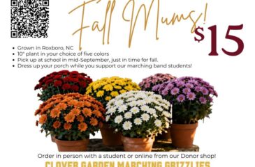 Fall mums fundraiser: $15 plants in five colors supporting Clover Garden Marching Grizzlies.