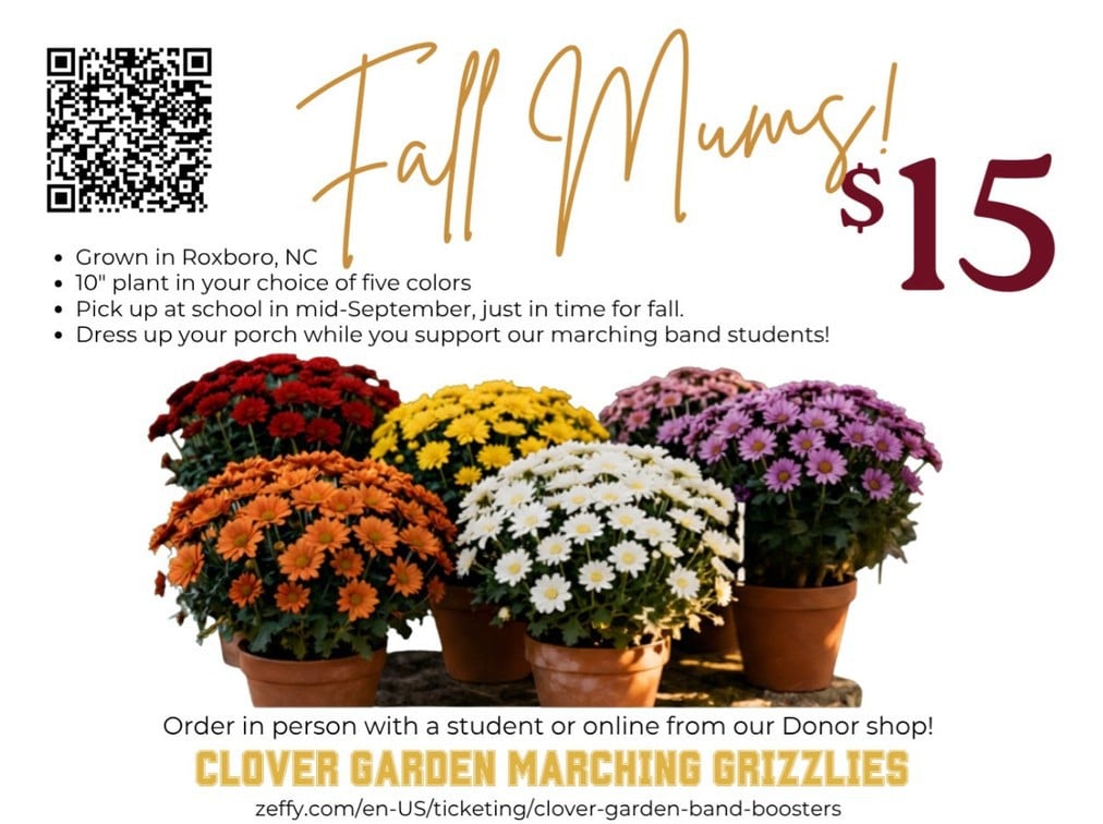 Fall mums fundraiser: $15 plants in five colors supporting Clover Garden Marching Grizzlies.