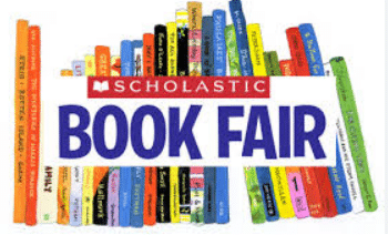 Fall Scholastic Book Fair flyer featuring colorful books, event dates, shopping hours, an online link, and volunteer contact information.