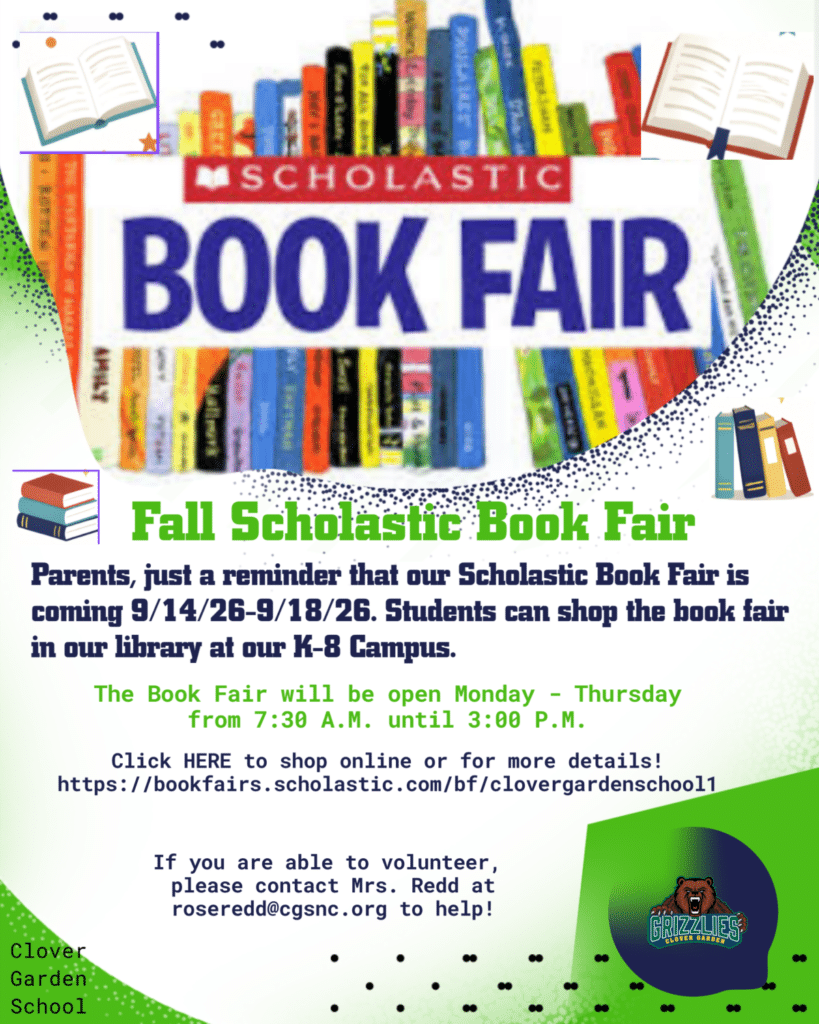 Fall Scholastic Book Fair flyer featuring colorful books, event dates, shopping hours, an online link, and volunteer contact information.