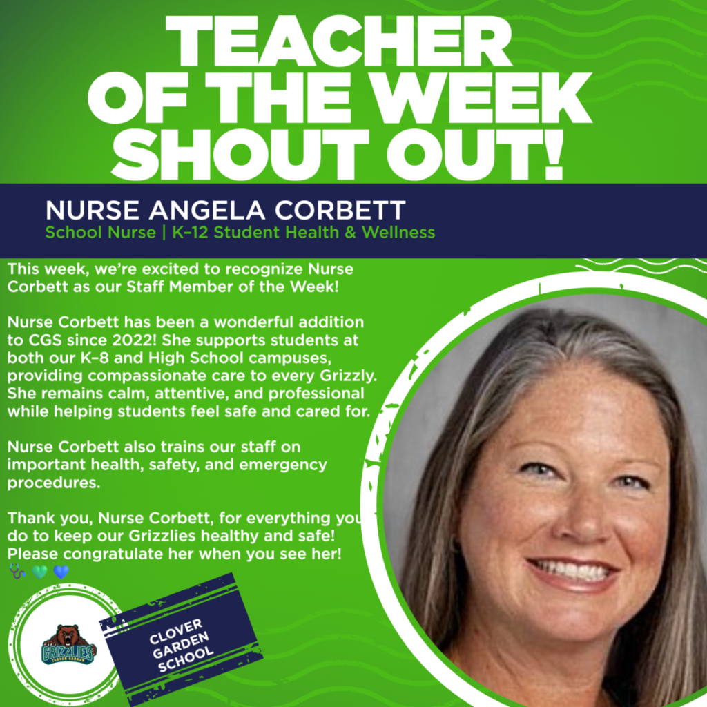 Green and navy CGS Teacher of the Week graphic honoring Nurse Angela Corbett, School Nurse for K–12 Student Health and Wellness. The graphic features her smiling portrait and recognizes her compassionate student care, calm professionalism, and staff training in health, safety, and emergency procedures.