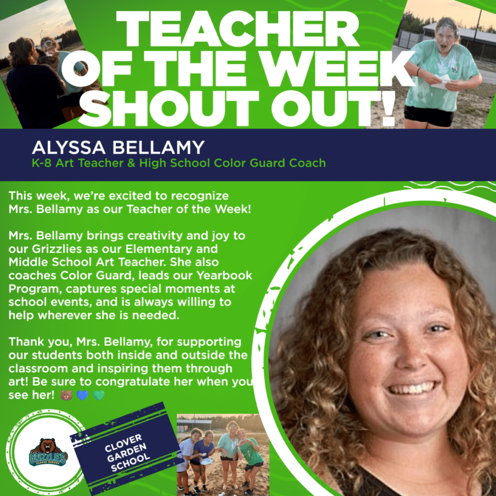 Mrs. Bellamy is celebrated as CGS Teacher of the Week for inspiring students through art, Color Guard, and Yearbook.