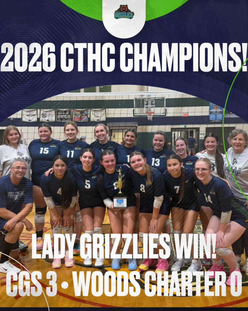 CGS Lady Grizzlies celebrate the 2026 CTHC volleyball championship with a 3–0 win over Woods Charter.