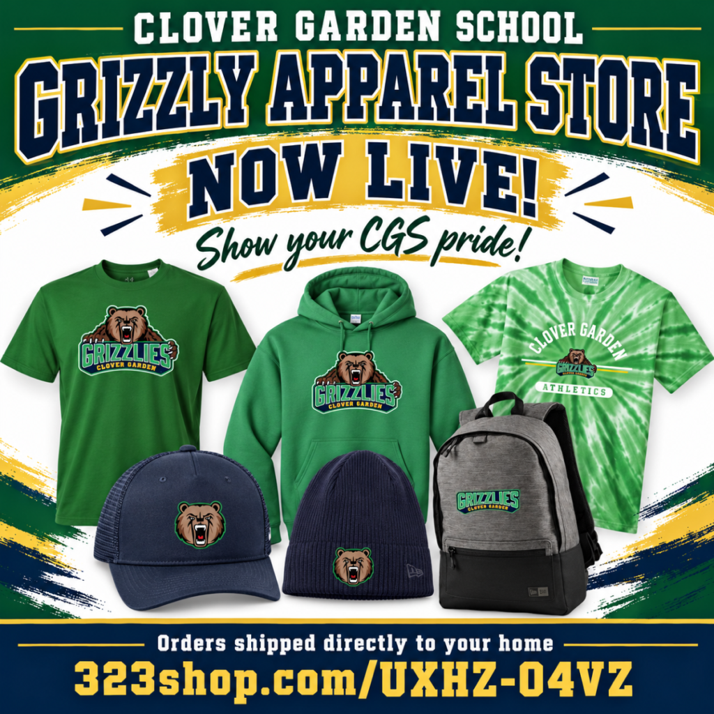 Grizzly Apparel Store announcement featuring CGS shirts, a hoodie, hats, and a backpack, with the shopping link and home delivery information.
