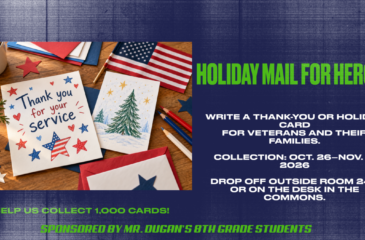 Holiday Mail for Heroes card drive: Help CGS collect 1,000 cards for veterans and their families, Oct. 26–Nov. 4, 2026. Drop off outside Room 240 or on the Commons desk.