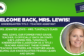 Welcome-back poster featuring Jennifer Lewis, returning to Clover Garden School as a kindergarten Title I teacher assistant in Mrs. Tunstall’s class, with her portrait.