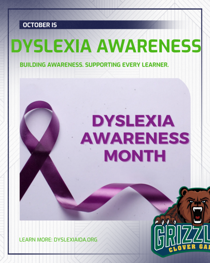 October is Dyslexia Awareness Month. Purple ribbon with the message “Building awareness. Supporting every learner.” Learn more at dyslexiaida.org.