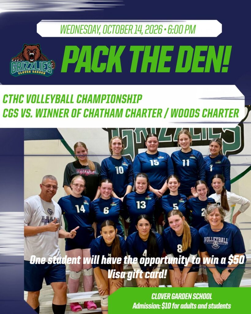 
CGS volleyball team championship flyer: October 14, 2026, at 6 PM at Clover Garden School. Admission is $10; one student can win a $50 Visa gift card.