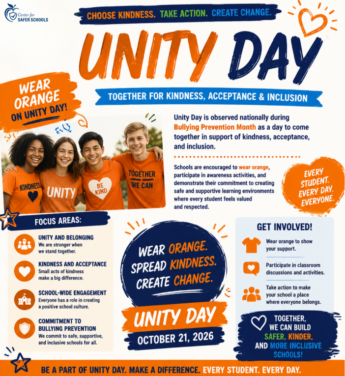 Unity Day, October 21, 2026: Wear orange to support bullying prevention, kindness, acceptance, and inclusion in schools.