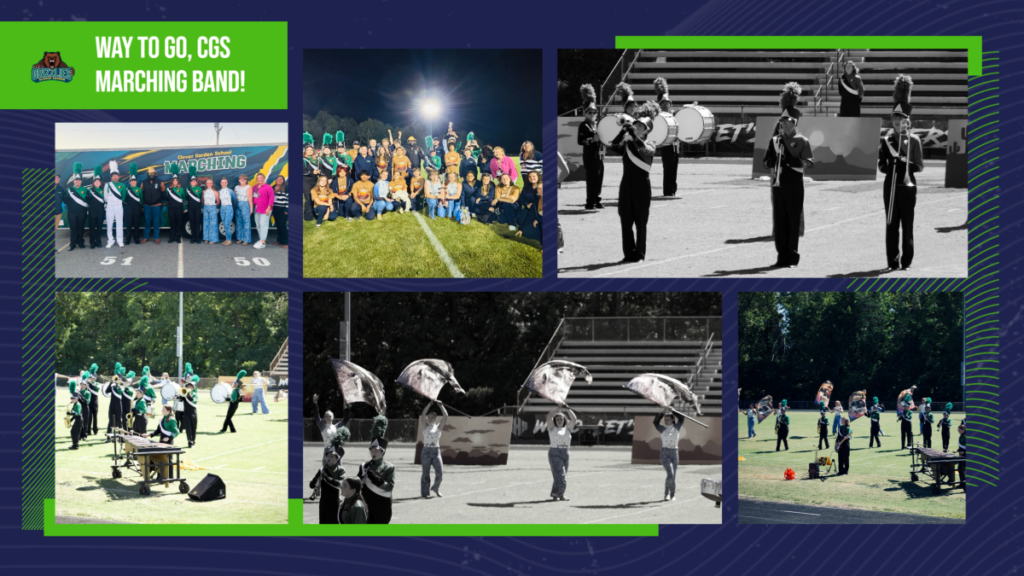Photo collage of the CGS Marching Band and colorguard performing and posing together, with the message “Way to go, CGS Marching Band!”