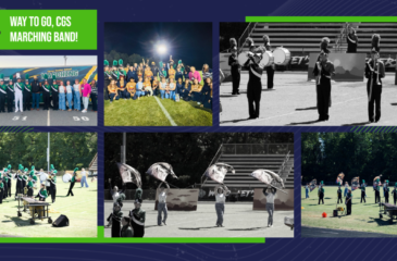 Photo collage of the CGS Marching Band and colorguard performing and posing together, with the message “Way to go, CGS Marching Band!”